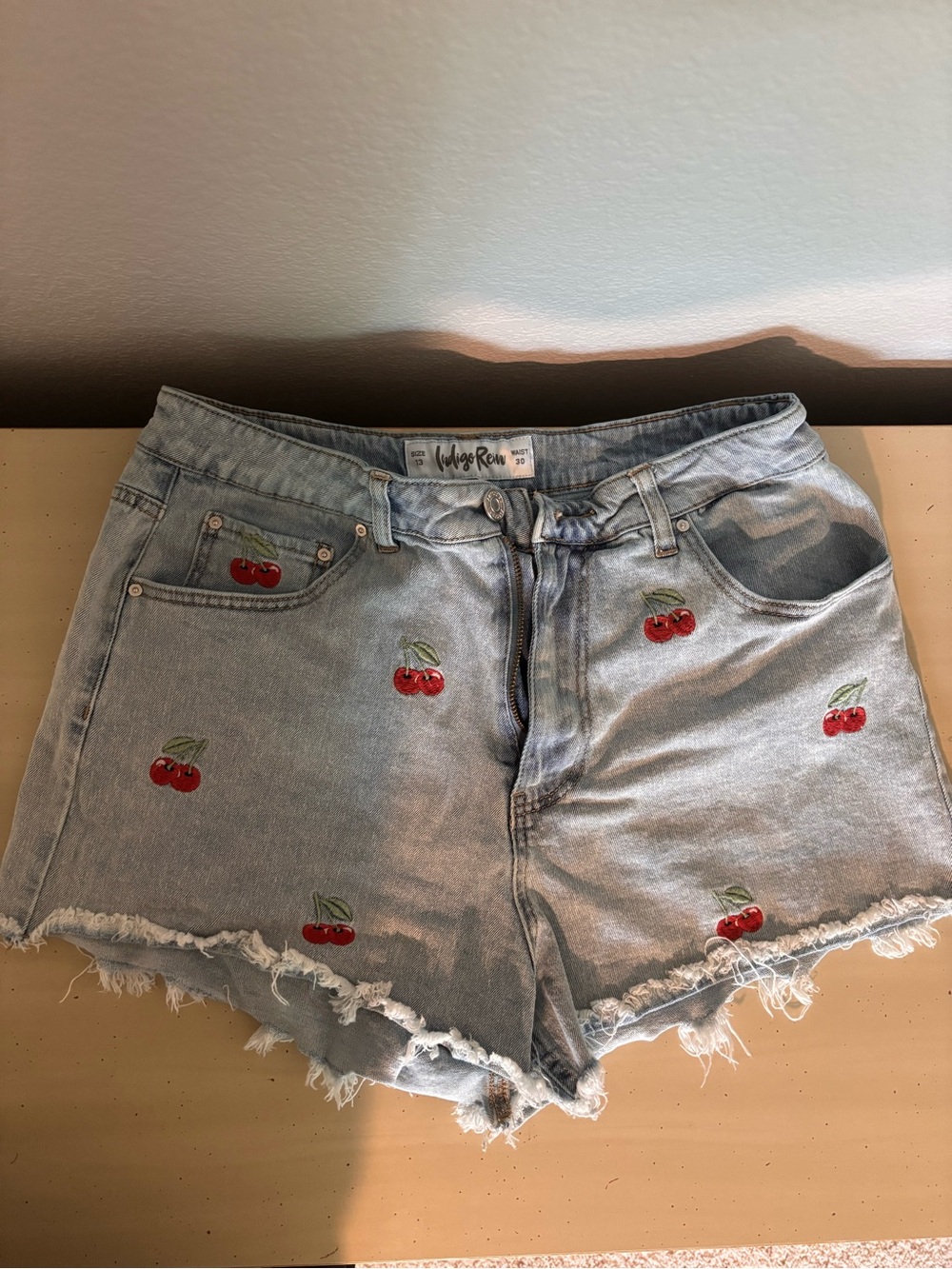 Indigo Rein Light Blue Denim Cherry-Embroidered Shorts